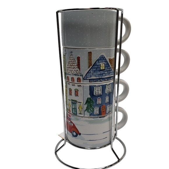Pier 1 Stacking Christmas Village Winter Stoneware Mugs Set of 4 Metal S… - Picture 3 of 16